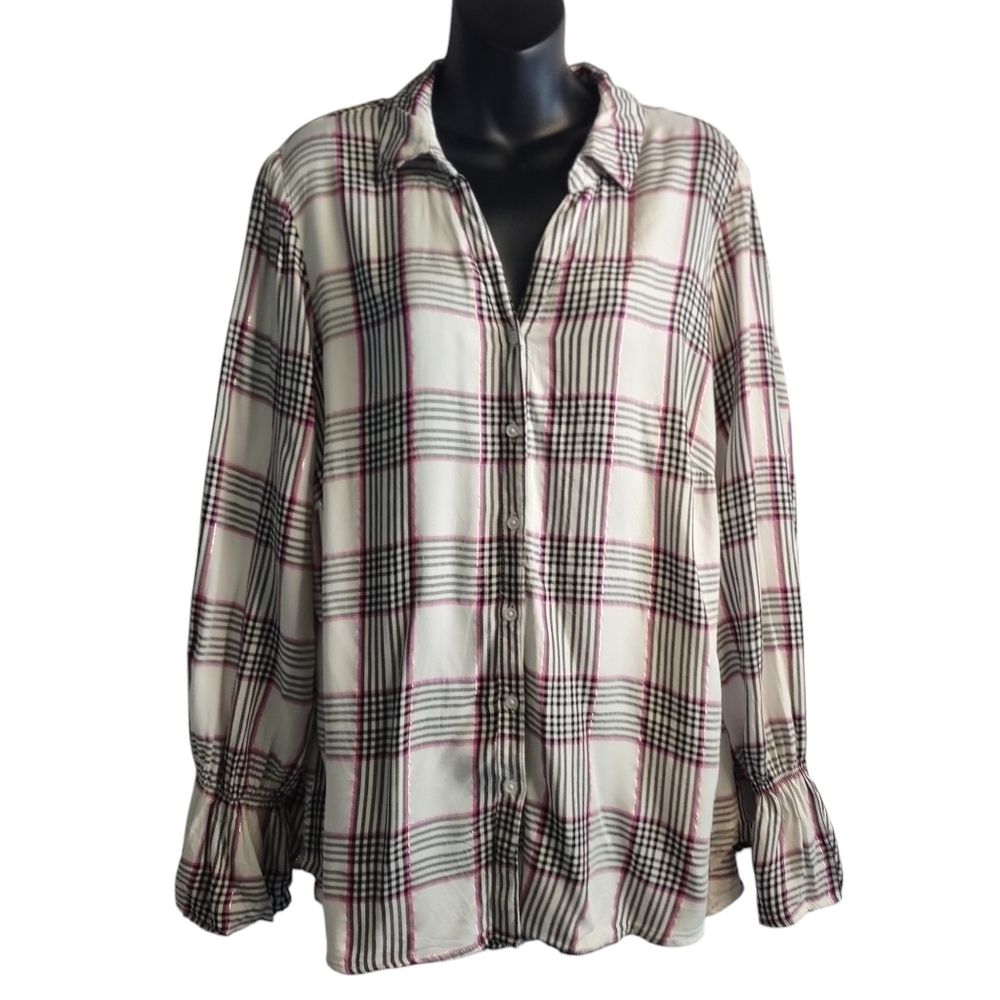 C Est. 1946 Women's Button Down Shirt Plaid Metallic Thread Flare Cuff Sz 18/20W